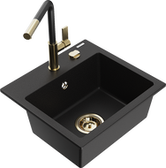 Mexen Milo гранитна кухненска мивка с 1 камера и кухненски смесител Flora, черен - 6505-77-670401-57-G