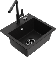 Mexen Milo кухненска мивка от гранит с 1 отделение с кухненски смесител Flora, черен - 6505-77-670401-70-B
