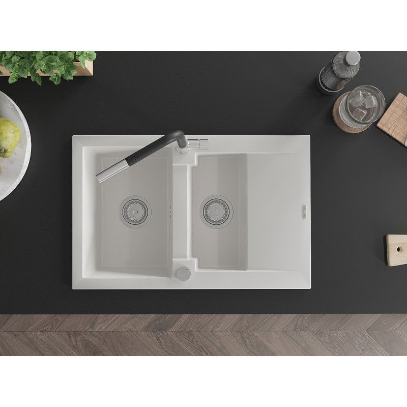 Mexen Gaspar 1,5-коморна гранитна мивка с отцедник и кухненски смесител Flora, бял - 6507-20-670401-07