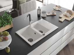Mexen Gaspar гранитна мивка с 1,5 камери с отцедник и кухненски смесител Flora, бял - 6507-20-670401-07-B