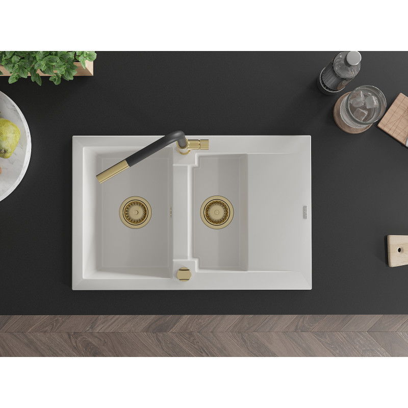 Mexen Gaspar гранитна мивка 1,5-камерна с отцедник и кухненски смесител Flora, бял - 6507-20-670401-57-G