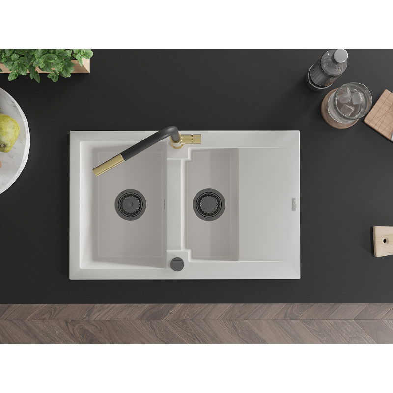 Mexen Gaspar гранитна кухненска мивка 1,5 камери с дренаж и кухненски смесител Flora, бял - 6507-20-670401-57-B