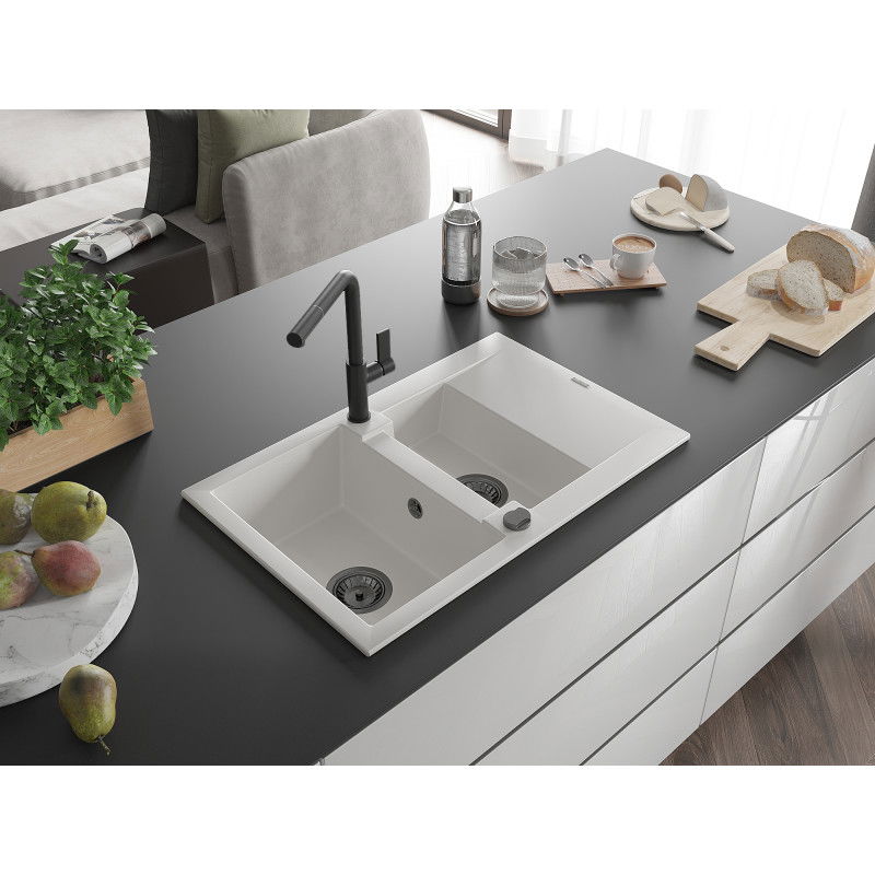 Mexen Gaspar кухненска мивка от гранит 1,5 камерна с отцедник и кухненски смесител Flora, бяла - 6507-20-670401-70-B