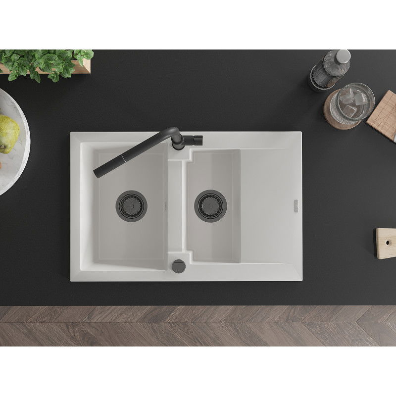 Mexen Gaspar кухненска мивка от гранит 1,5 камерна с отцедник и кухненски смесител Flora, бяла - 6507-20-670401-70-B