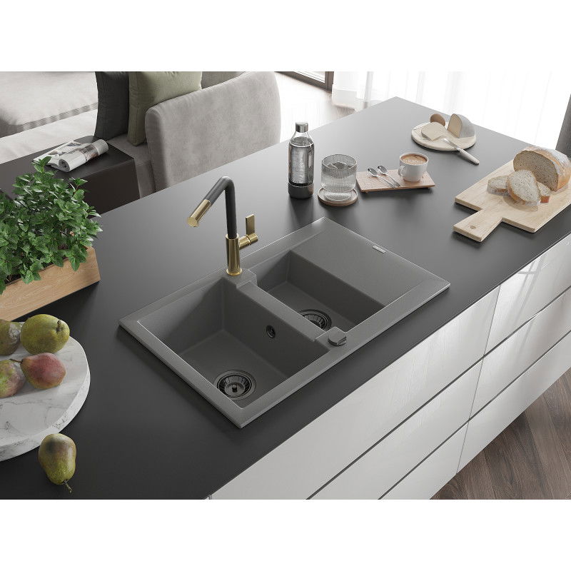 Mexen Gaspar мивка от гранит 1,5-камерна с отцедник и кухненски смесител Flora, сив - 6507-71-670401-57-B