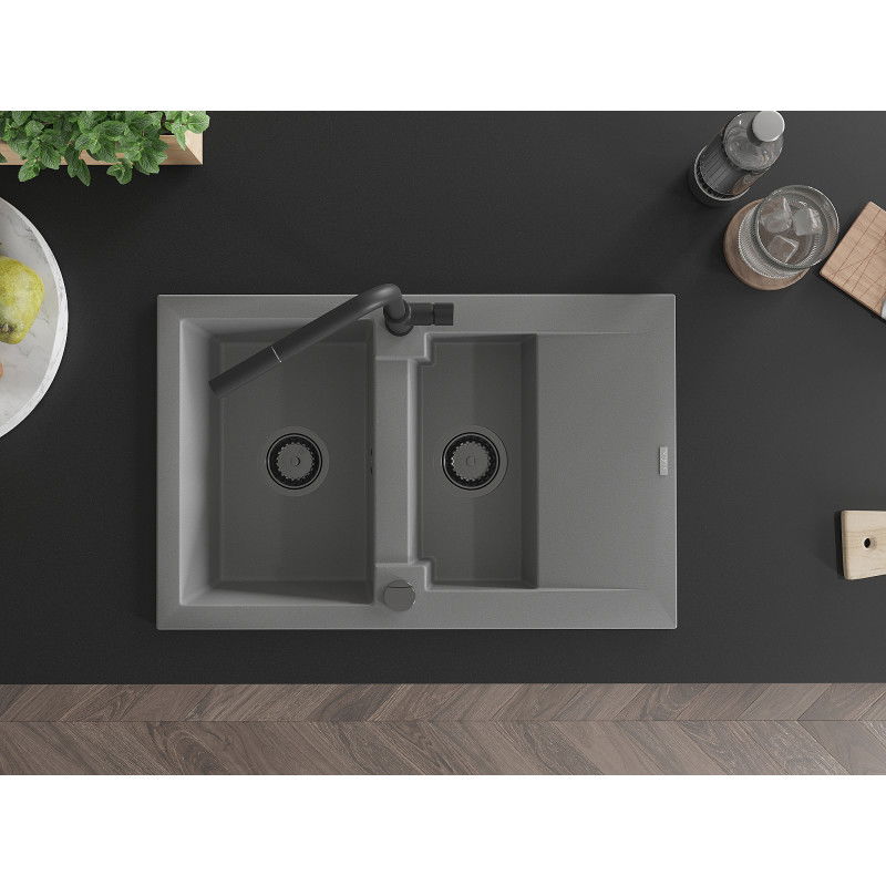 Mexen Gaspar гранитна мивка с 1,5 камери и отцедник и кухненски смесител Flora, сив - 6507-71-670401-70-B