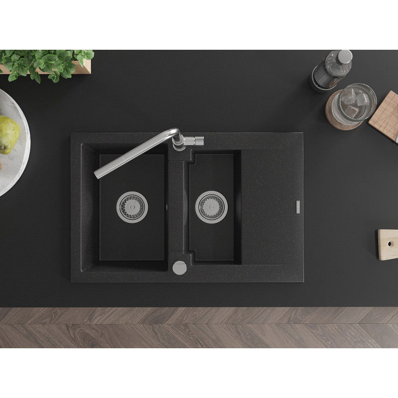 Mexen Gaspar гранитна мивка с 1,5 камери с отцеждаща повърхност и кухненски смесител Flora, черен/сребрист - 6507-73-670401-00