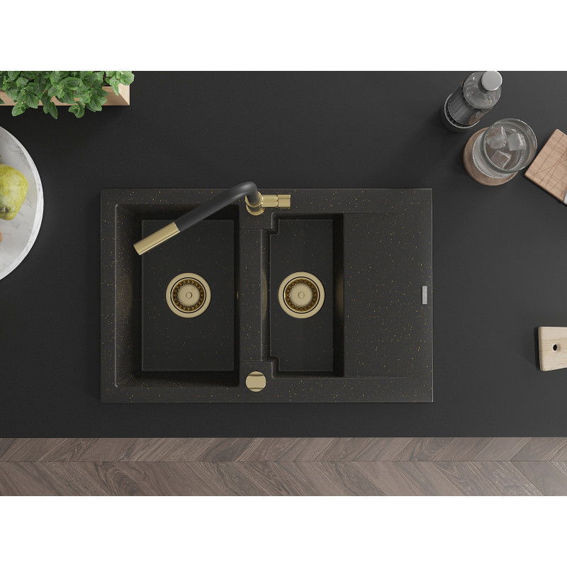Mexen Gaspar гранитна мивка, 1,5 камери с отцедник и кухненски смесител Flora, черен/златист - 6507-75-670401-57-G