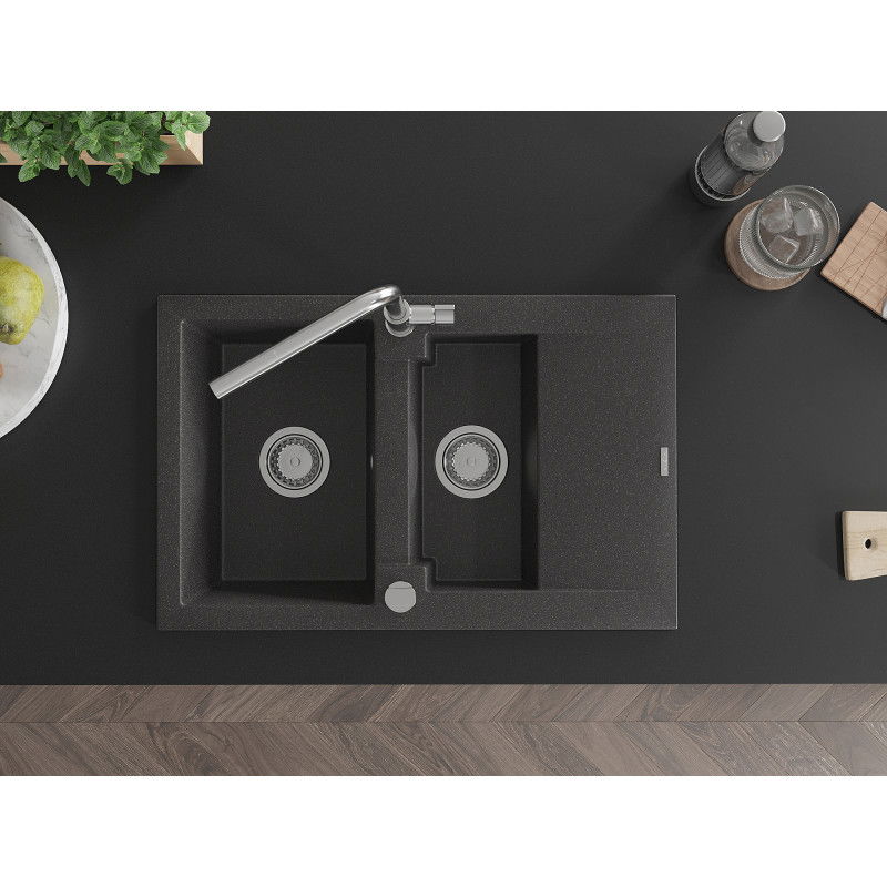 Mexen Gaspar гранитна кухненска мивка с 1,5 отделения с отцедник и кухненски смесител Flora, черна с пръски - 6507-76-670401-00