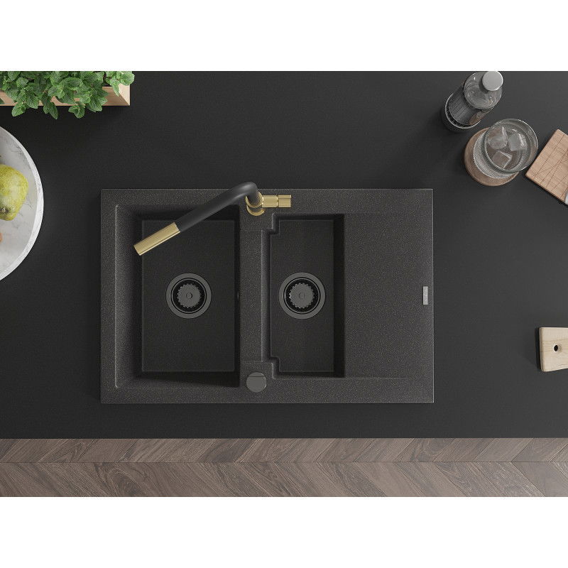 Mexen Gaspar гранитна мивка с 1,5 камери и отцедник и кухненски смесител Flora, черен на петна - 6507-76-670401-57-B