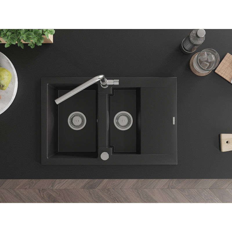 Mexen Gaspar гранитна кухненска мивка 1,5-коморна с отцедник и кухненски смесител Flora, черен - 6507-77-670401-00
