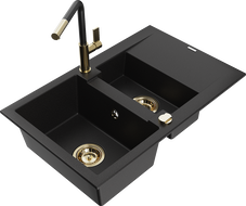 Mexen Gaspar гранитна мивка с 1,5 камери с отцедник и кухненски смесител Flora, черен - 6507-77-670401-57-G