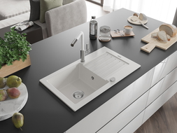 Mexen Pablo гранитна мивка с 1 отделение с отцедник и кухненски смесител Flora, бял - 6510-20-670401-02