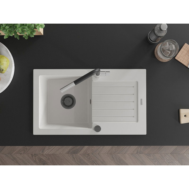 Mexen Pablo гранитна кухненска мивка с 1 корито, с отцедник и кухненски смесител Flora, бяла - 6510-20-670401-07-B