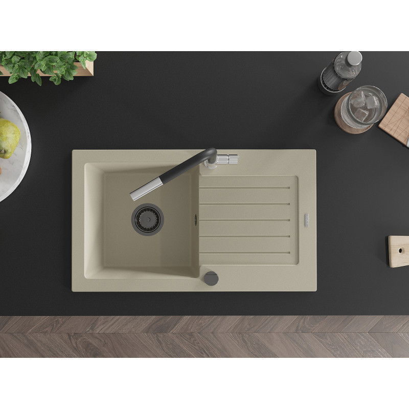 Mexen Pablo гранитна кухненска мивка с 1 отделение с отцедник и кухненски смесител Flora, бежов - 6510-69-670401-07-B