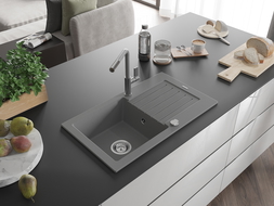 Mexen Pablo гранитна мивка с 1 отделение и отцедник, с кухня батерия Flora, сив - 6510-71-670401-06