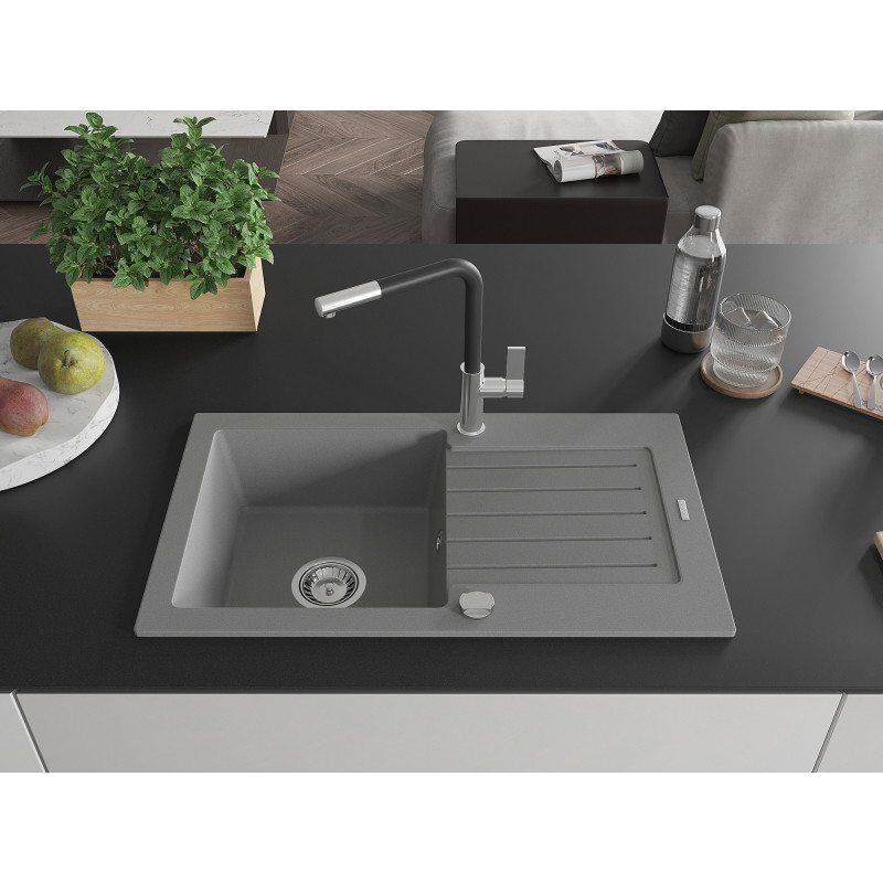 Mexen Pablo гранитна мивка с 1 отделение с отцедник и кухненска батерия Flora,