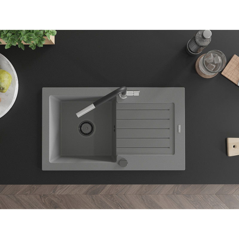 Mexen Pablo гранитна мивка с 1 отделение с отцедник и кухненски смесител Flora, сив - 6510-71-670401-07-B