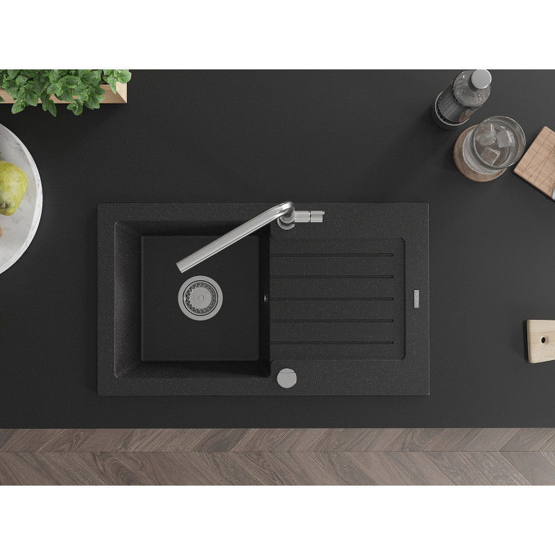 Mexen Pablo гранитна мивка с 1 отделение с отцедник и кухненски смесител Flora, черен/сребрист металик - 6510-73-670401-00