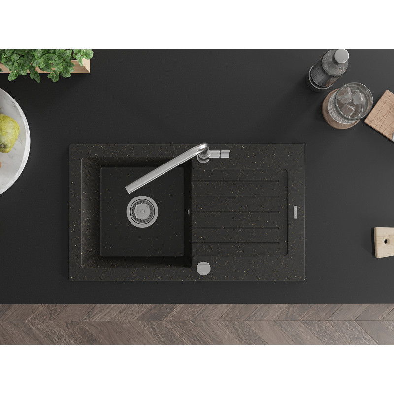 Mexen Pablo гранитна кухненска мивка с 1 отделение и плот и кухненски смесител Flora, черен/златист металик - 6510-75-670401-00