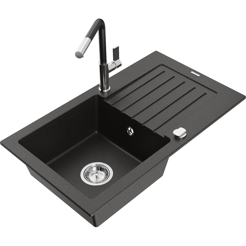 Mexen Pablo гранитна мивка с 1 корито с отцедник и кухненски смесител Flora,