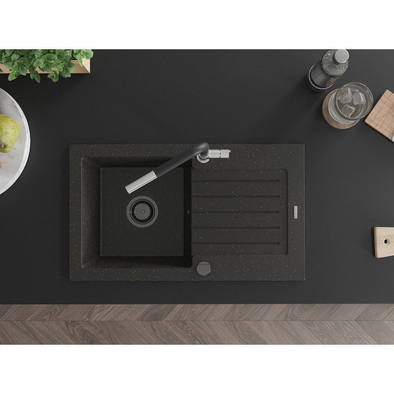 Mexen Pablo eднокоморна гранитна мивка с дренаж и кухненски смесител Flora, черно/златен металик - 6510-75-670401-07-B