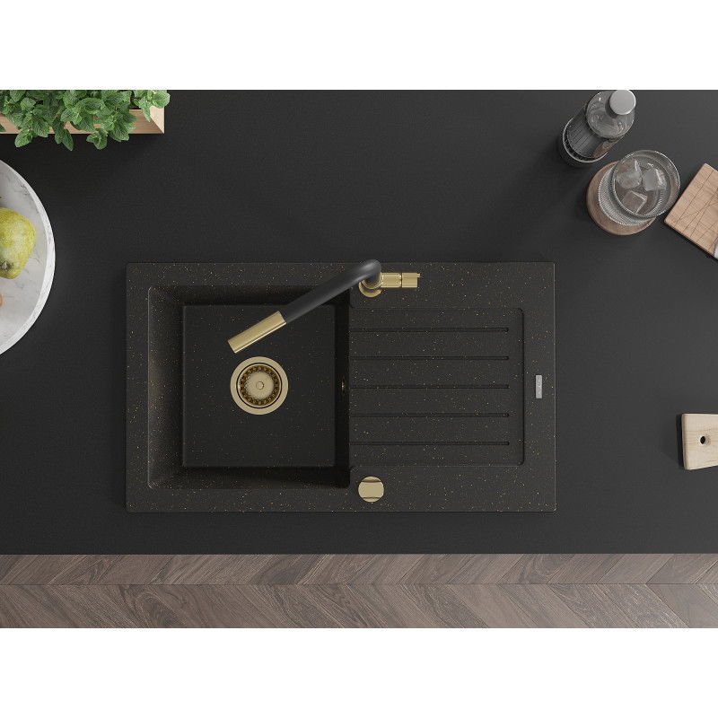 Mexen Pablo гранитна мивка с 1 отделение с отцедник и кухненски смесител Flora, черен/златист металик - 6510-75-670401-57-G