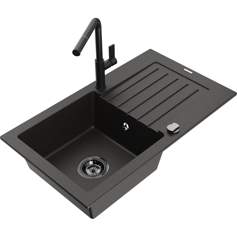 Mexen Pablo гранитна мивка с 1 камера с отцеждане и кухненски смесител Flora,