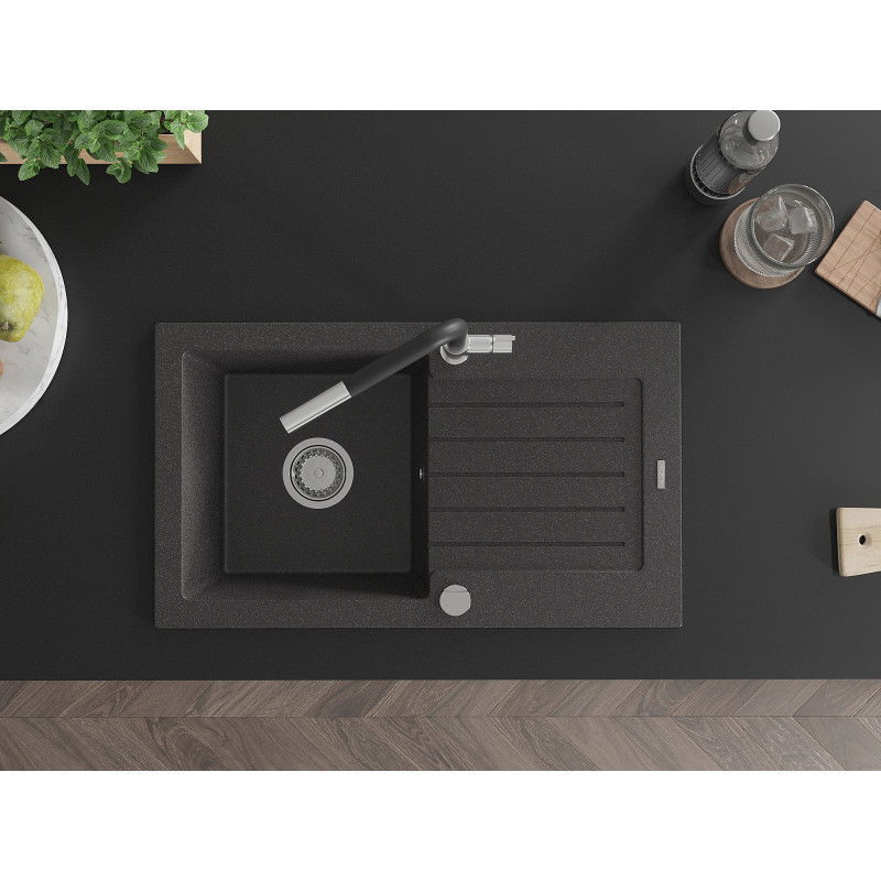 Mexen Pablo гранитна мивка с 1 отделение и отцедник с кухненски смесител Flora, черен с пръски - 6510-76-670401-07
