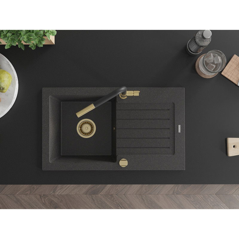Mexen Pablo гранитна мивка с 1 отделение с отцедник и кухненски смесител Flora, черен на пръски - 6510-76-670401-57-G