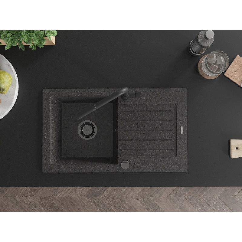 Mexen Pablo гранитна мивка с 1 отделение с отцедник и кухненски смесител Flora, черен петнист - 6510-76-670401-70-B