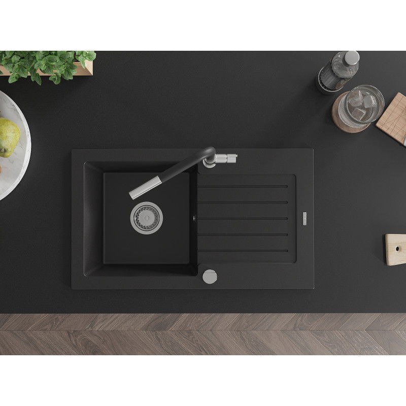 Mexen Pablo гранитна мивка с една купа с изцеждач и кухненски смесител Flora, черен - 6510-77-670401-07