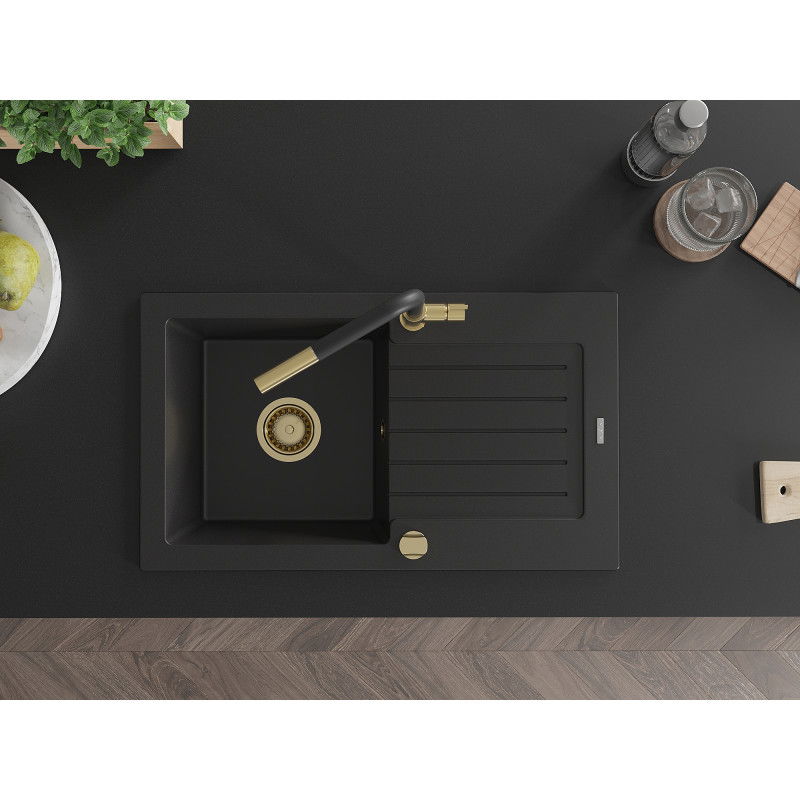 Mexen Pablo гранитна мивка с 1 корито с отцедник и кухненски смесител Flora, черен - 6510-77-670401-57-G