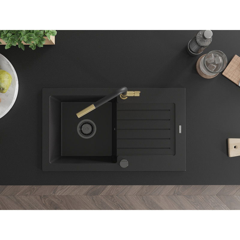 Mexen Pablo гранитна мивка с 1 отделение с отцедник и кухненски смесител Flora, черен - 6510-77-670401-57-B