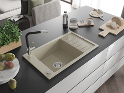 Mexen Elias гранитна мивка с 1 отделение, капкоуловител и кухненски смесител Flora, бежов - 6511-69-670401-07