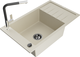 Mexen Elias гранитна мивка с 1 отделение, капкоуловител и кухненски смесител Flora, бежов - 6511-69-670401-07