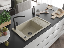 Mexen Elias гранитна мивка с една купа с отцедник и кухненски смесител Flora, бежов - 6511-69-670401-70-B