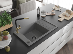 Mexen Elias гранитна мивка с 1 камера с отцедник и кухненски смесител Flora, сив - 6511-71-670401-57-B
