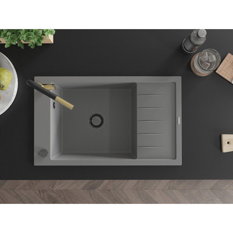 Mexen Elias гранитна мивка с 1 камера с отцедник и кухненски смесител Flora, сив - 6511-71-670401-57-B
