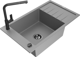Mexen Elias гранитна мивка с 1 корито и сушилник и кухненски смесител Flora, сив - 6511-71-670401-70-B