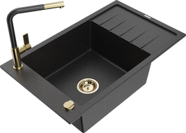 Mexen Elias гранитна мивка с 1 отделение с отцедник и кухненски смесител Flora, черен/сребърен металик - 6511-73-670401-57-G