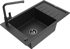 Mexen Elias гранитна мивка с една камера и капковник и кухненски смесител Flora, черен/сребърен металик - 6511-73-670401-70-B