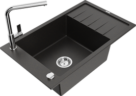 Mexen Elias гранитна мивка с 1 корито с отцедник и кухненски смесител Flora, черен/златист металик - 6511-75-670401-00