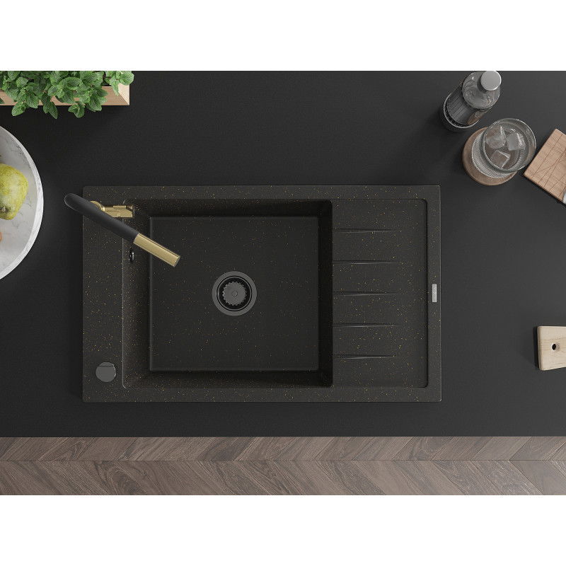 Mexen Elias гранитна мивка с 1 отделение с капковка и кухненски смесител Flora, черен/златист металик - 6511-75-670401-57-B