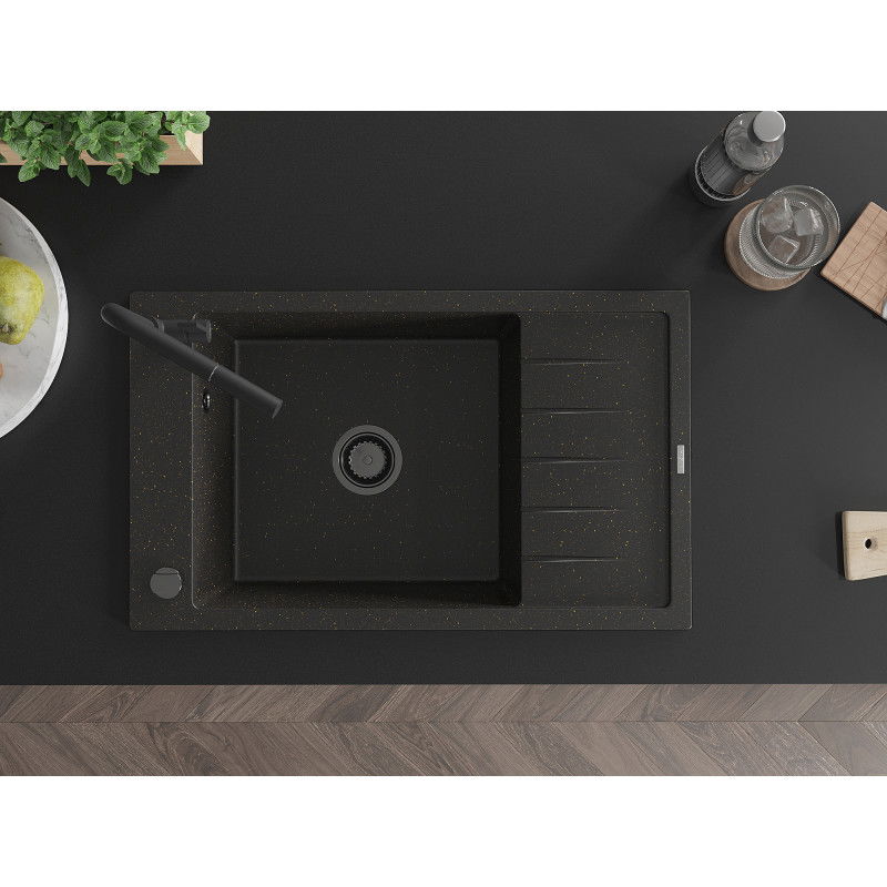 Mexen Elias гранитна мивка с 1 отделение, с отцедник и кухненски смесител Flora, черен/златист металик - 6511-75-670401-70-B