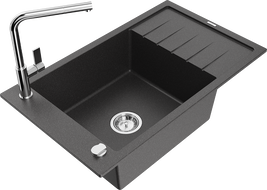 Mexen Elias еднокамерен градински мивка с отцедник и кухненски смесител Flora, черен пръскан - 6511-76-670401-00