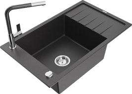Mexen Elias гранитна мивка с 1 отделение и отцедник и кухненски смесител Flora, черен на пръски - 6511-76-670401-08