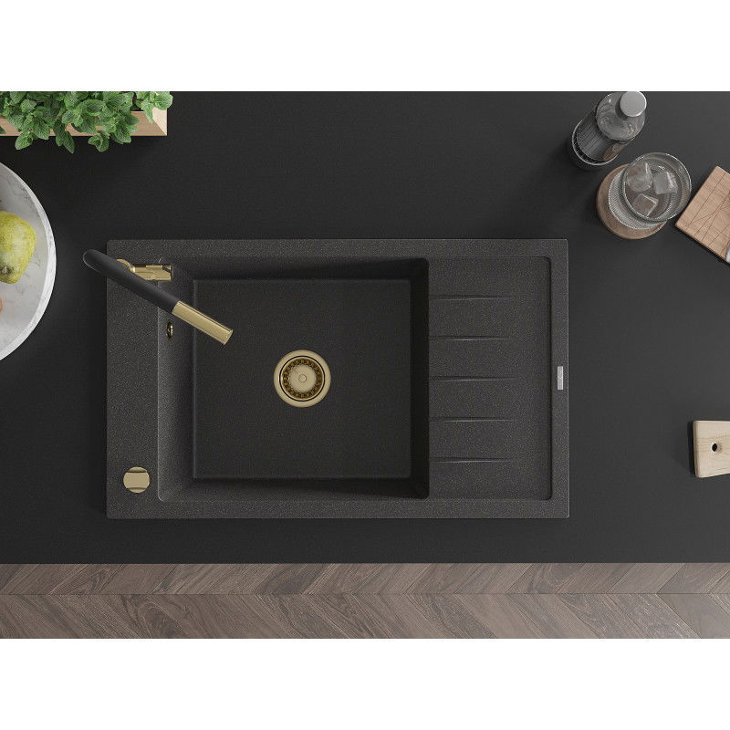 Mexen Elias гранитна мивка с 1 отделение с отцедник и кухненски смесител Flora, черен на петна - 6511-76-670401-57-G