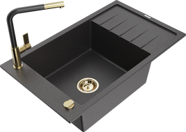 Mexen Elias гранитна мивка с 1 отделение с отцедник и кухненски смесител Flora, черен на петна - 6511-76-670401-57-G