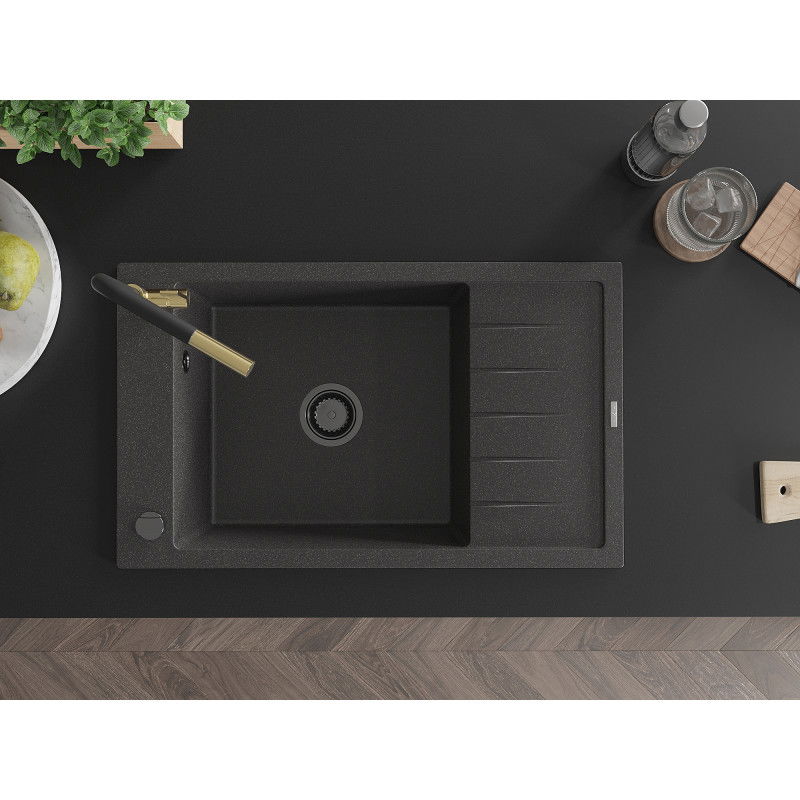 Mexen Elias гранитна мивка с 1 отделение и отцедник и кухненски смесител Flora, черен на пръски - 6511-76-670401-57-B
